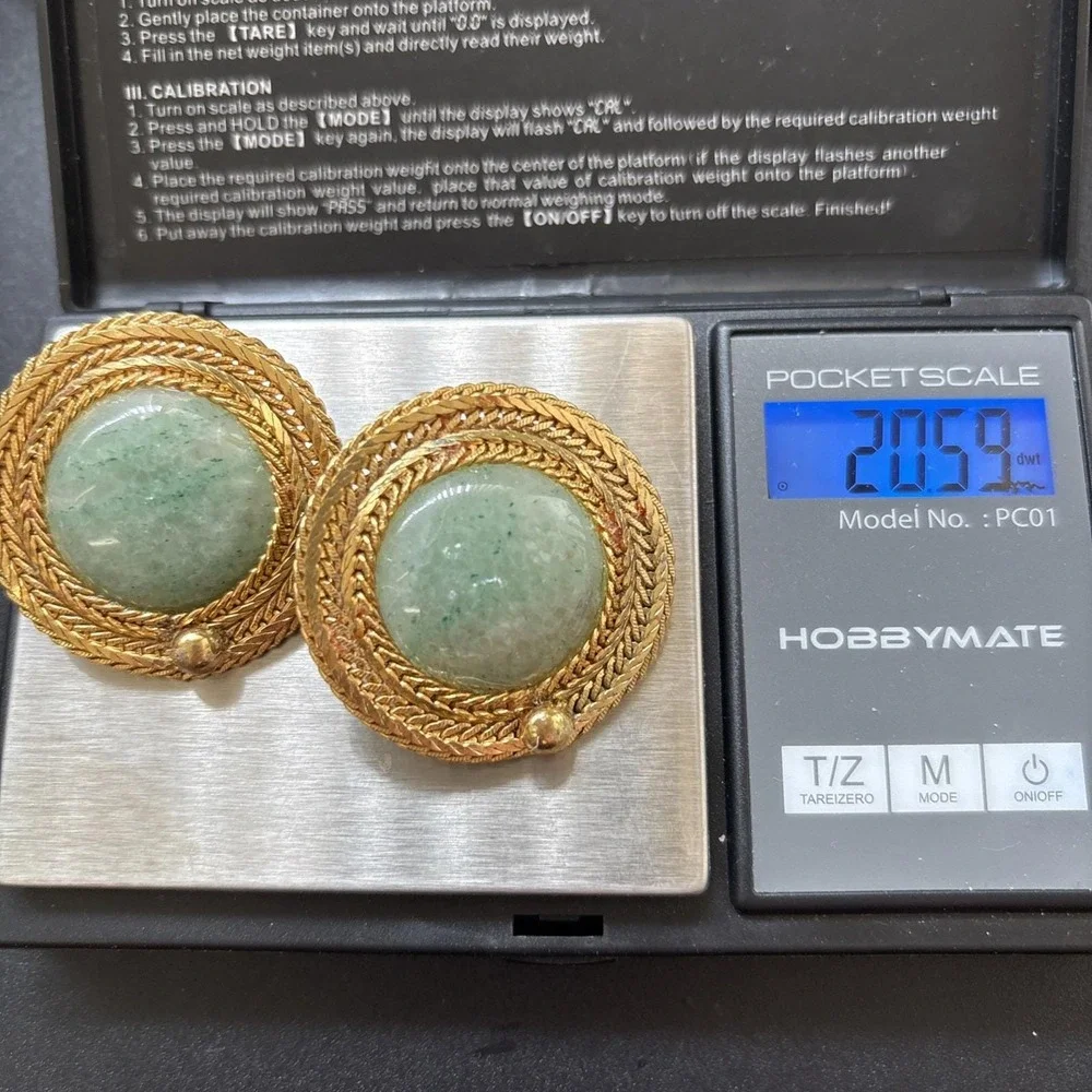Vintage Jadeite Clip On Earrings Cabochon Braided Gold Tone Borders Statement